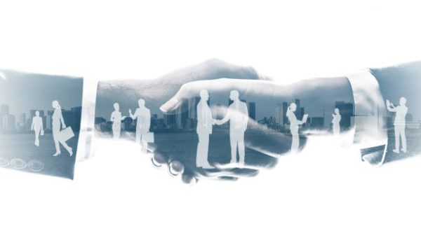 business partnership concept. Multiple exposure.
